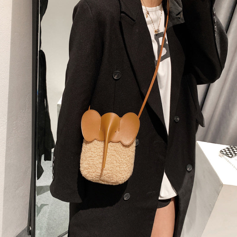 Cute Elephant Trunk Crossbody Bag • Winter Lamb Plush Mobile Shoulder Purse for Women