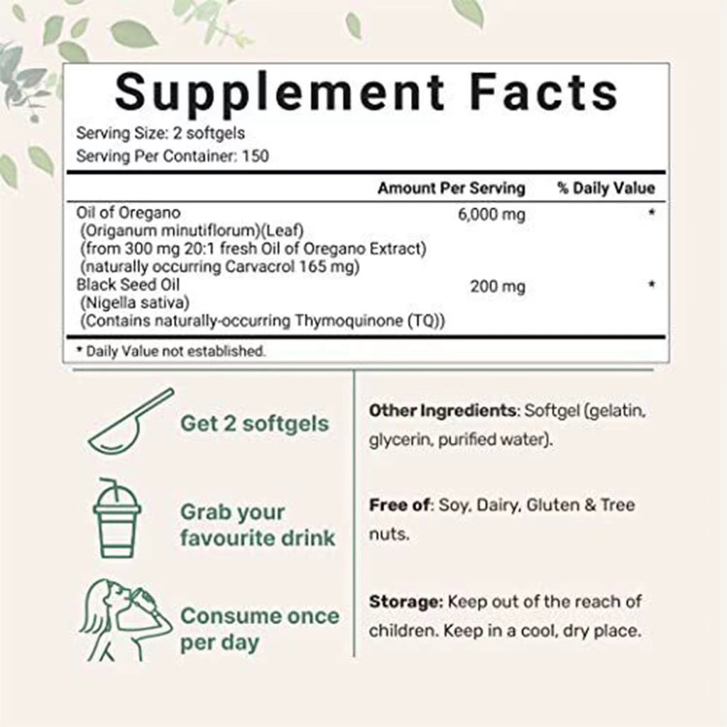 Oil Of Oregano With Black Seed Oil 6000mg Organic Oregano Oil Capsules -Non-GMO, Gluten Free 300 Softgels