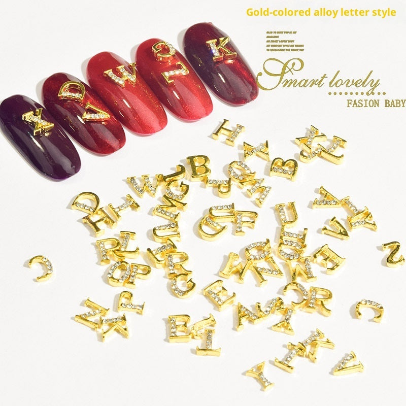 26-Letter Alloy Nail Charms Set • Crystal Alphabet Nail Art Accessories
