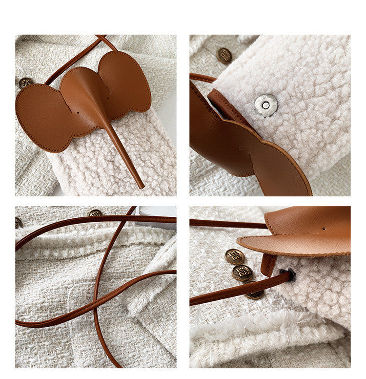 Cute Elephant Trunk Crossbody Bag • Winter Lamb Plush Mobile Shoulder Purse for Women