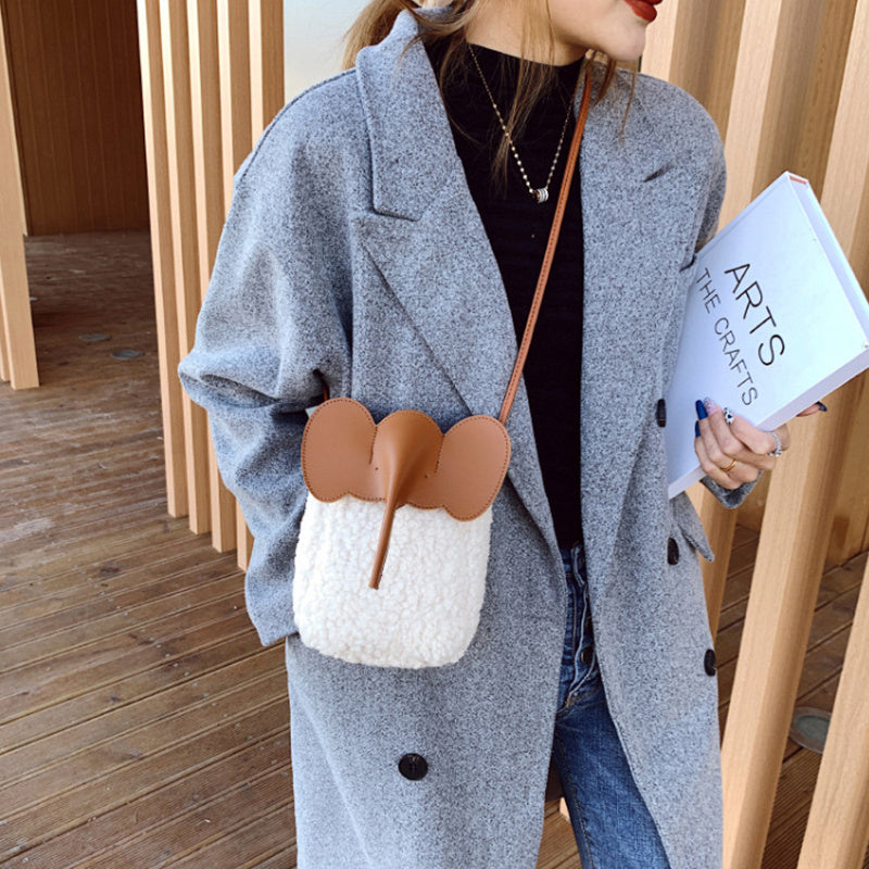 Cute Elephant Trunk Crossbody Bag • Winter Lamb Plush Mobile Shoulder Purse for Women