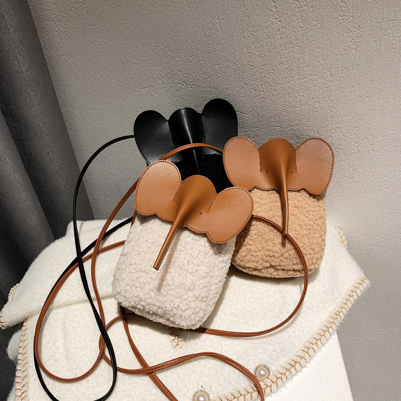 Cute Elephant Trunk Crossbody Bag • Winter Lamb Plush Mobile Shoulder Purse for Women