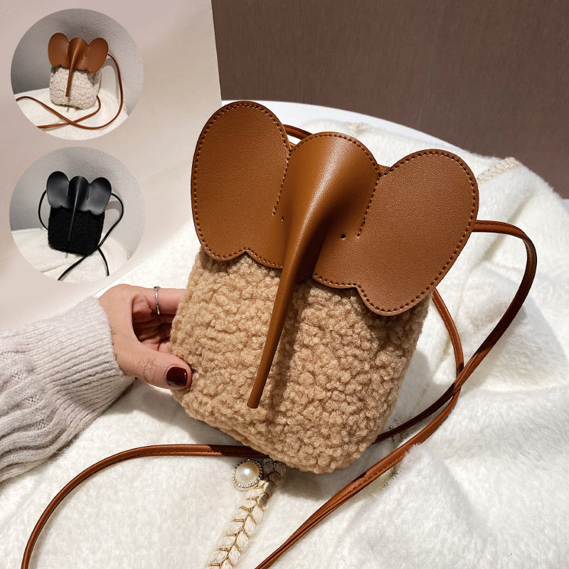 Cute Elephant Trunk Crossbody Bag • Winter Lamb Plush Mobile Shoulder Purse for Women