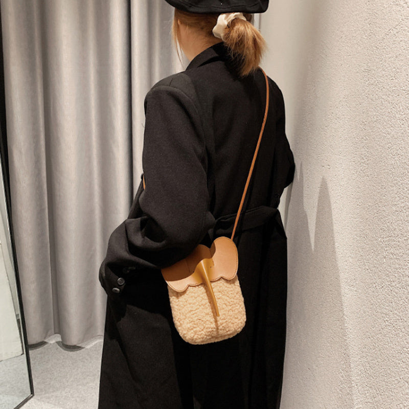 Cute Elephant Trunk Crossbody Bag • Winter Lamb Plush Mobile Shoulder Purse for Women